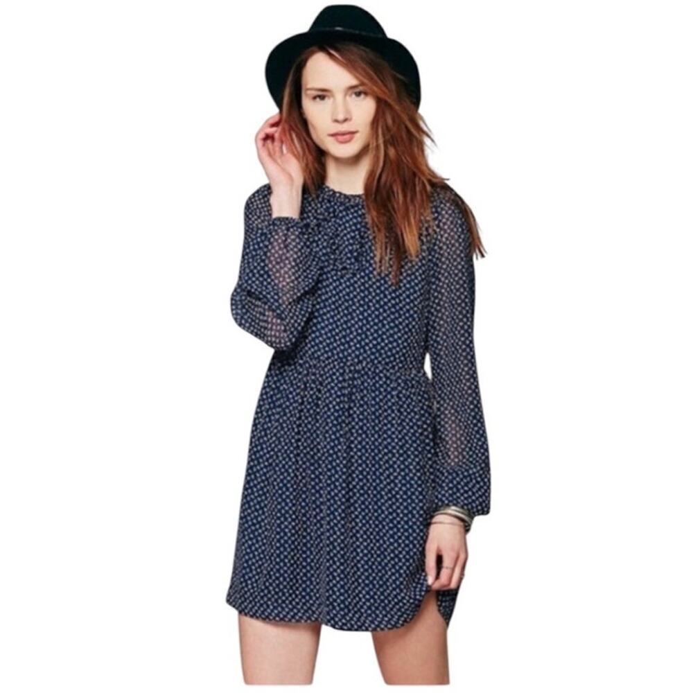 NWT Free People Nouveau Butterfly Mini Dress Size 10 Navy White Sheer Sleeves